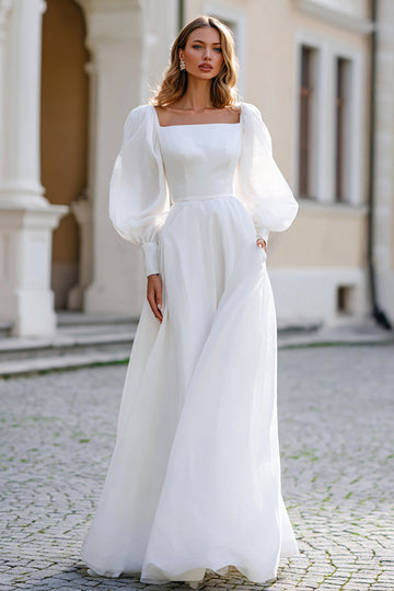 Ivory Square Neck Long Sleeves A Line Wedding Dress